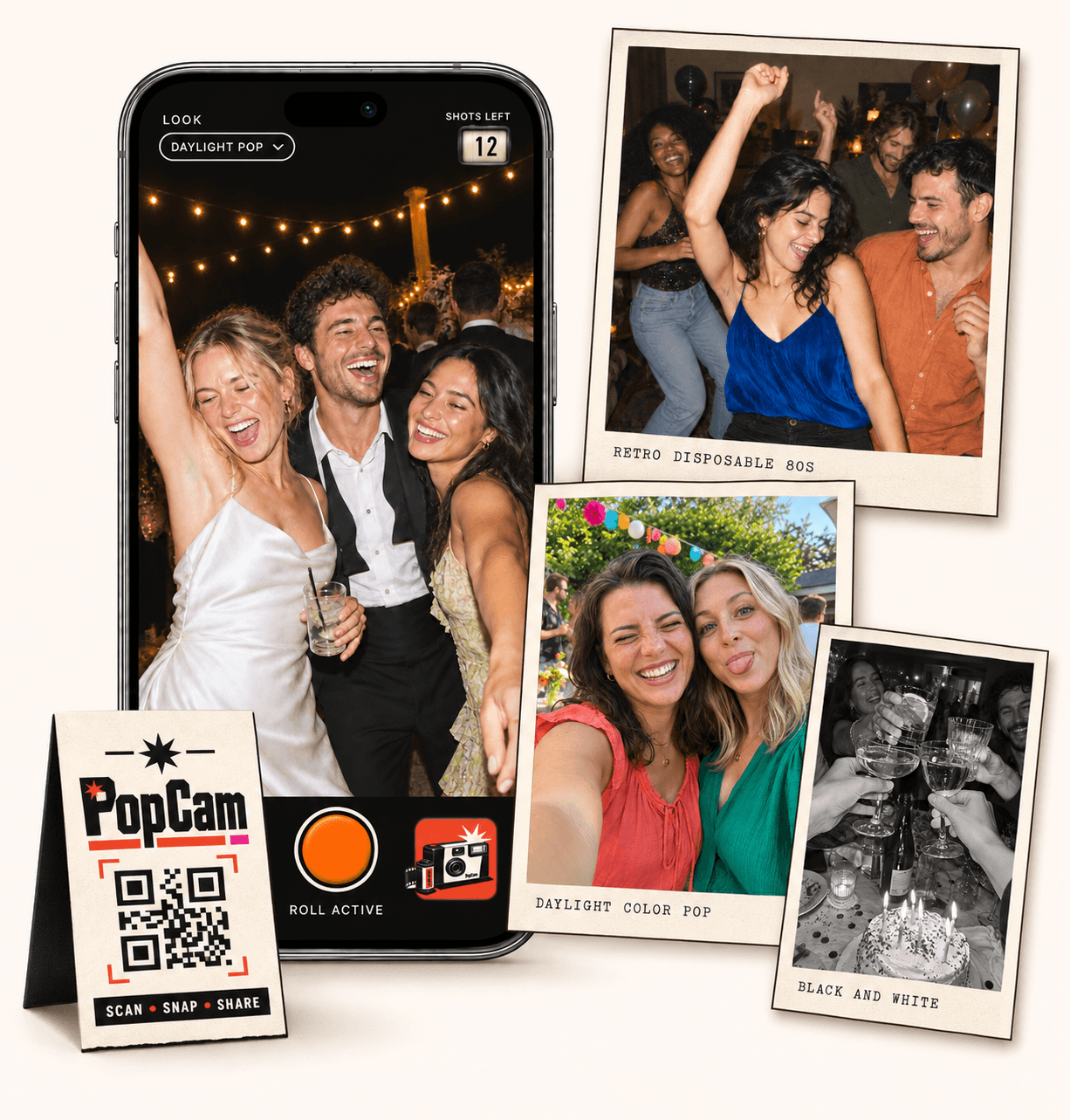 PopCam camera with a collage of wedding, party and guest photos